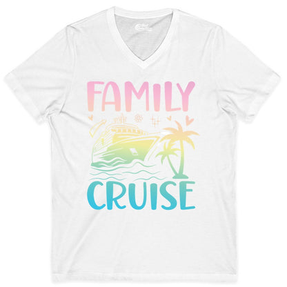 Family Cruise Shirt - Tropical Cruise Vacation Tee for Group Trips (V-Neck) in White - Family Cruise Shirt - Tropical Beach and Cruise Ship Pastel Design