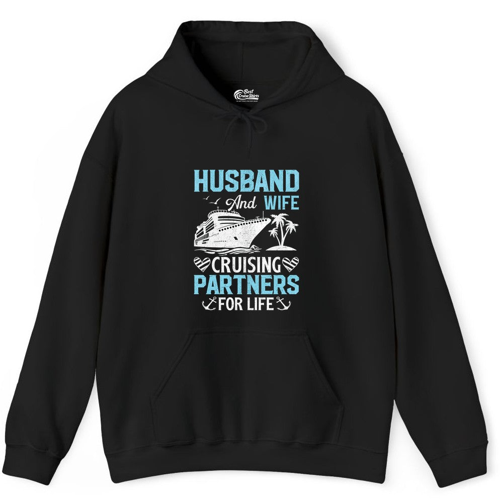 Husband and Wife Cruise Shirt - Nautical Romantic Vacation Tee (Hoodie) in Black - Husband and Wife Cruising Partners for Life Nautical Romance Shirt