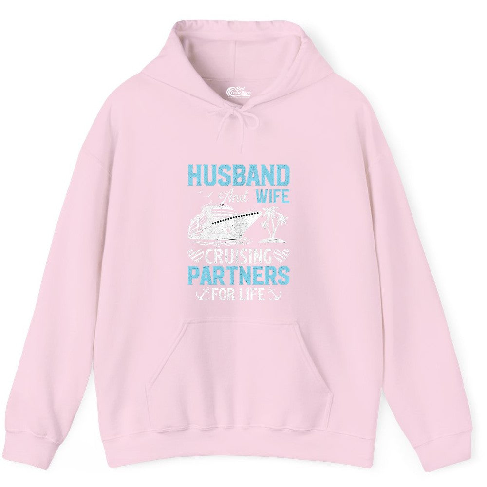 Husband and Wife Cruise Shirt - Nautical Romantic Vacation Tee (Hoodie) in Light Pink - Husband and Wife Cruising Partners for Life Nautical Romance Shirt