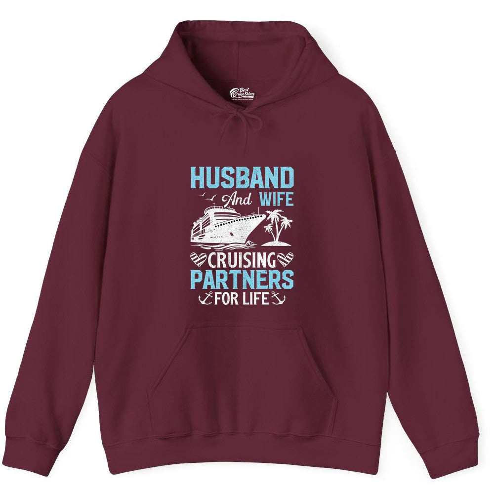 Husband and Wife Cruise Shirt - Nautical Romantic Vacation Tee (Hoodie) in Maroon - Husband and Wife Cruising Partners for Life Nautical Romance Shirt