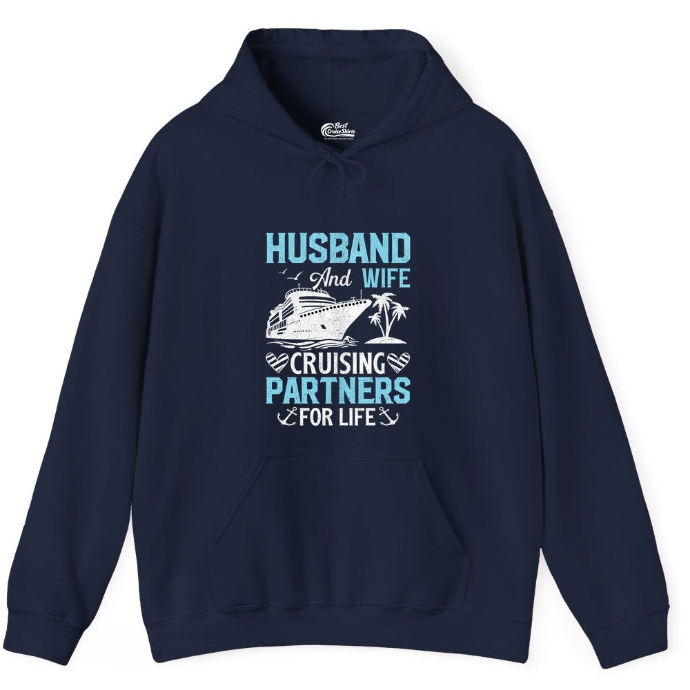 Husband and Wife Cruise Shirt - Nautical Romantic Vacation Tee (Hoodie) in Navy - Husband and Wife Cruising Partners for Life Nautical Romance Shirt