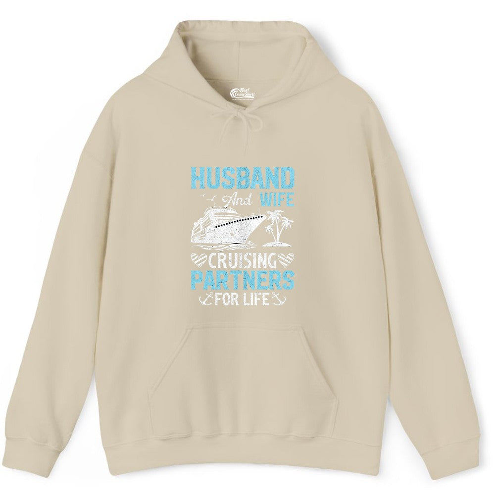Husband and Wife Cruise Shirt - Nautical Romantic Vacation Tee (Hoodie) in Sand - Husband and Wife Cruising Partners for Life Nautical Romance Shirt
