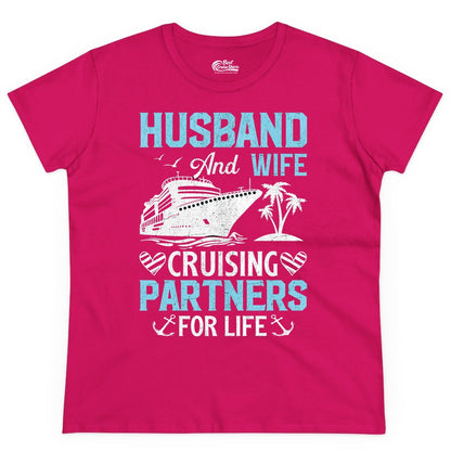 Husband and Wife Cruise Shirt - Nautical Romantic Vacation Tee (Ladies Tee) in Heliconia - Husband and Wife Cruising Partners for Life Nautical Romance Shirt