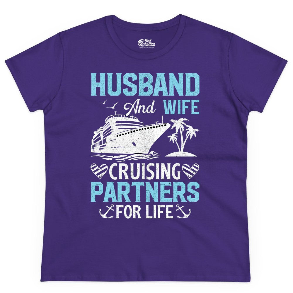 Husband and Wife Cruise Shirt - Nautical Romantic Vacation Tee (Ladies Tee) in Purple - Husband and Wife Cruising Partners for Life Nautical Romance Shirt