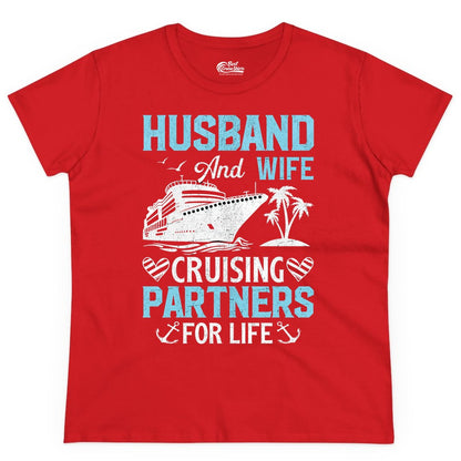 Husband and Wife Cruise Shirt - Nautical Romantic Vacation Tee (Ladies Tee) in Red - Husband and Wife Cruising Partners for Life Nautical Romance Shirt