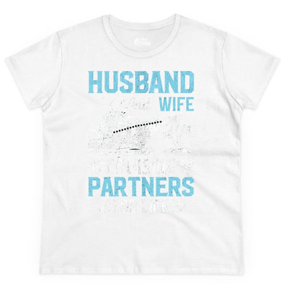 Husband and Wife Cruise Shirt - Nautical Romantic Vacation Tee (Ladies Tee) in White - Husband and Wife Cruising Partners for Life Nautical Romance Shirt