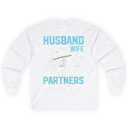Husband and Wife Cruise Shirt - Nautical Romantic Vacation Tee (Long Sleeve) in White - Husband and Wife Cruising Partners for Life Nautical Romance Shirt
