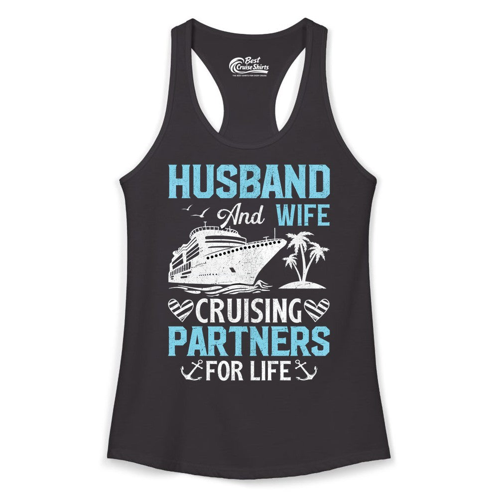 Husband and Wife Cruise Shirt - Nautical Romantic Vacation Tee (Ladies Tank) in Black - Husband and Wife Cruising Partners for Life Nautical Romance Shirt