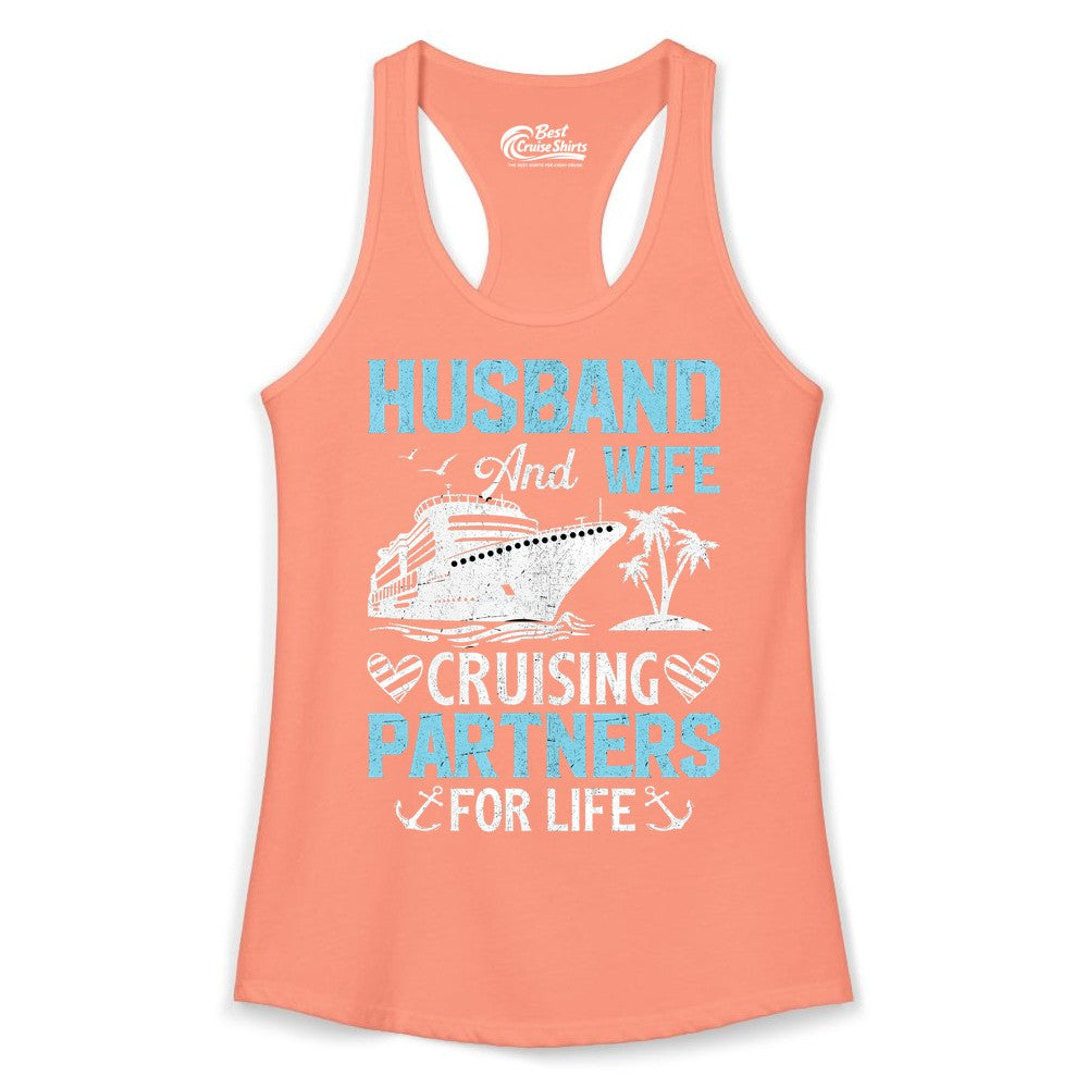 Husband and Wife Cruise Shirt - Nautical Romantic Vacation Tee (Ladies Tank) in Solid Light Orange - Husband and Wife Cruising Partners for Life Nautical Romance Shirt