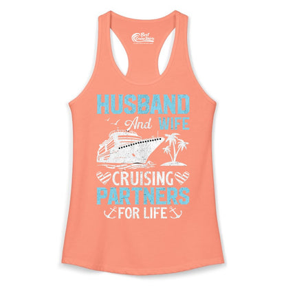 Husband and Wife Cruise Shirt - Nautical Romantic Vacation Tee (Ladies Tank) in Solid Light Orange - Husband and Wife Cruising Partners for Life Nautical Romance Shirt