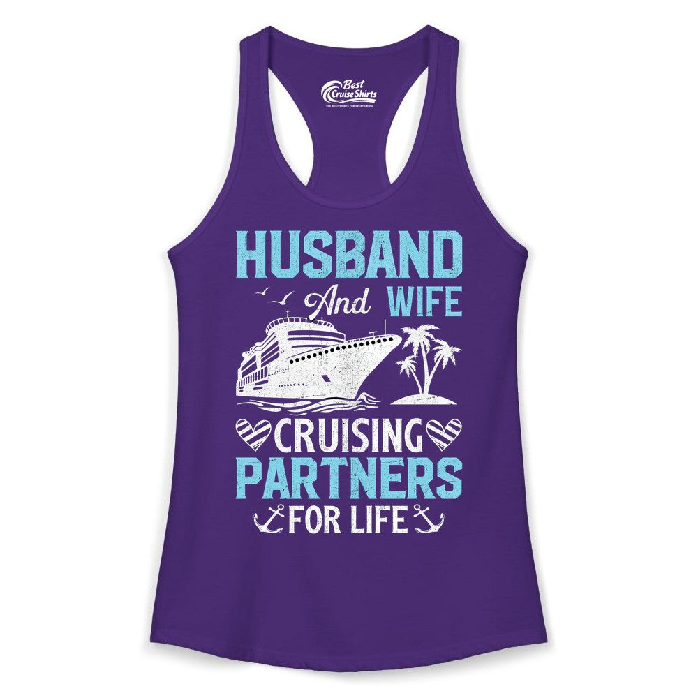 Husband and Wife Cruise Shirt - Nautical Romantic Vacation Tee (Ladies Tank) in Solid Purple Rush - Husband and Wife Cruising Partners for Life Nautical Romance Shirt