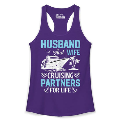 Husband and Wife Cruise Shirt - Nautical Romantic Vacation Tee (Ladies Tank) in Solid Purple Rush - Husband and Wife Cruising Partners for Life Nautical Romance Shirt