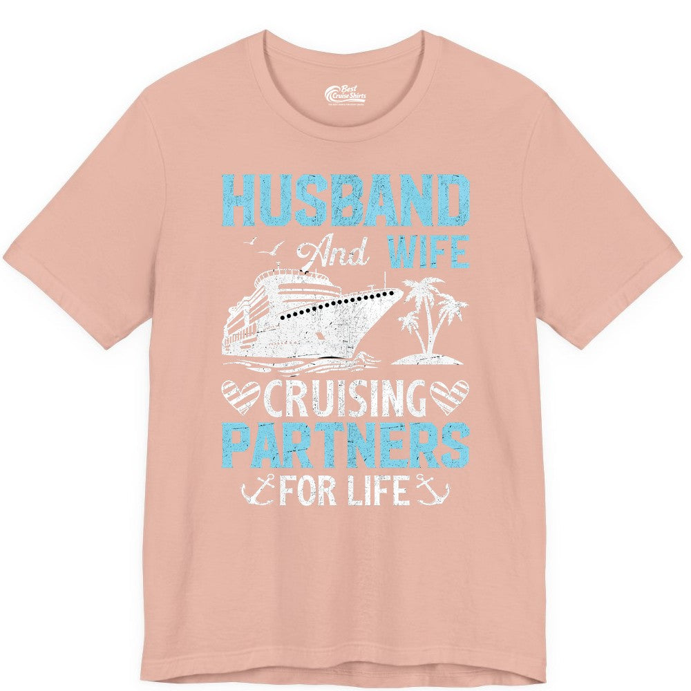 Husband and Wife Cruise Shirt - Nautical Romantic Vacation Tee (Premium Tee) in Peach - Husband and Wife Cruising Partners for Life Nautical Romance Shirt