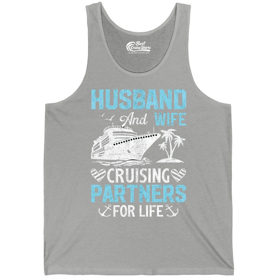 Husband and Wife Cruise Shirt - Nautical Romantic Vacation Tee (Tank Top) in Athletic Heather - Husband and Wife Cruising Partners for Life Nautical Romance Shirt