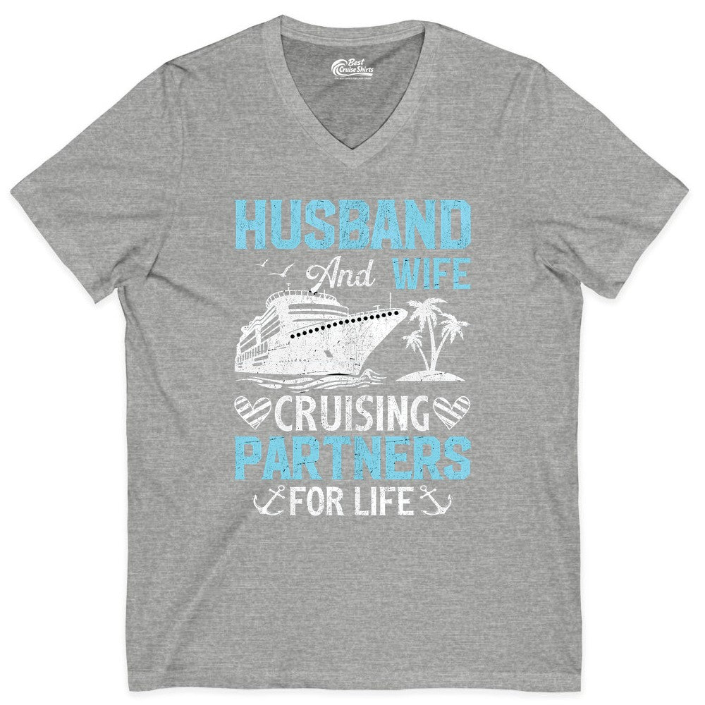 Husband and Wife Cruise Shirt - Nautical Romantic Vacation Tee (V-Neck) in Athletic Heather - Husband and Wife Cruising Partners for Life Nautical Romance Shirt