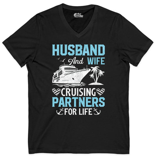 Husband and Wife Cruise Shirt - Nautical Romantic Vacation Tee (V-Neck) in Black - Husband and Wife Cruising Partners for Life Nautical Romance Shirt