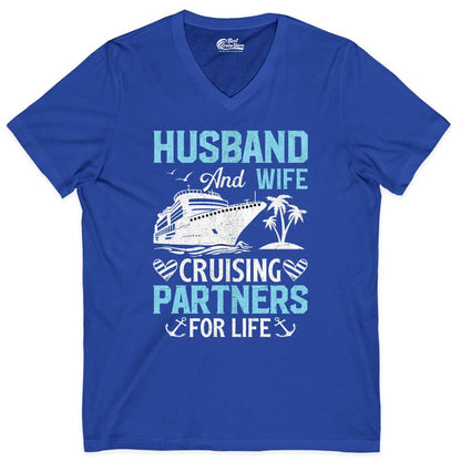 Husband and Wife Cruise Shirt - Nautical Romantic Vacation Tee (V-Neck) in True Royal - Husband and Wife Cruising Partners for Life Nautical Romance Shirt