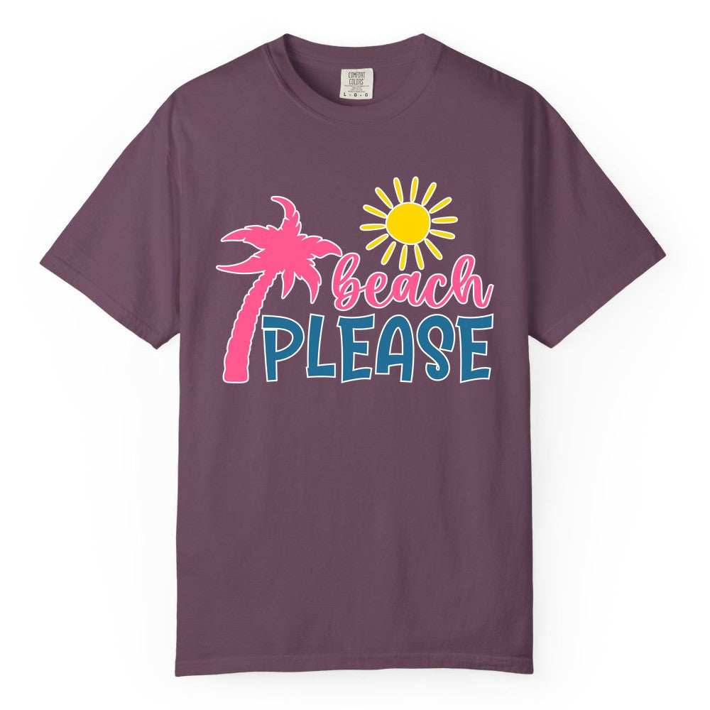 Beach Please Shirt - Funny Tropical Summer Tee with Palm Tree Sun (Comfort Color) in Berry - Beach Please Shirt - Tropical Palm Tree and Sun Funny Summer Tee