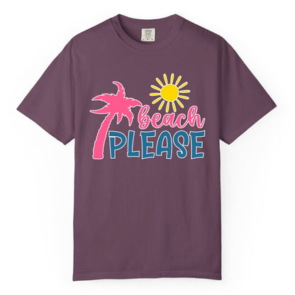 Beach Please Shirt - Funny Tropical Summer Tee with Palm Tree Sun (Comfort Color) in Berry - Beach Please Shirt - Tropical Palm Tree and Sun Funny Summer Tee