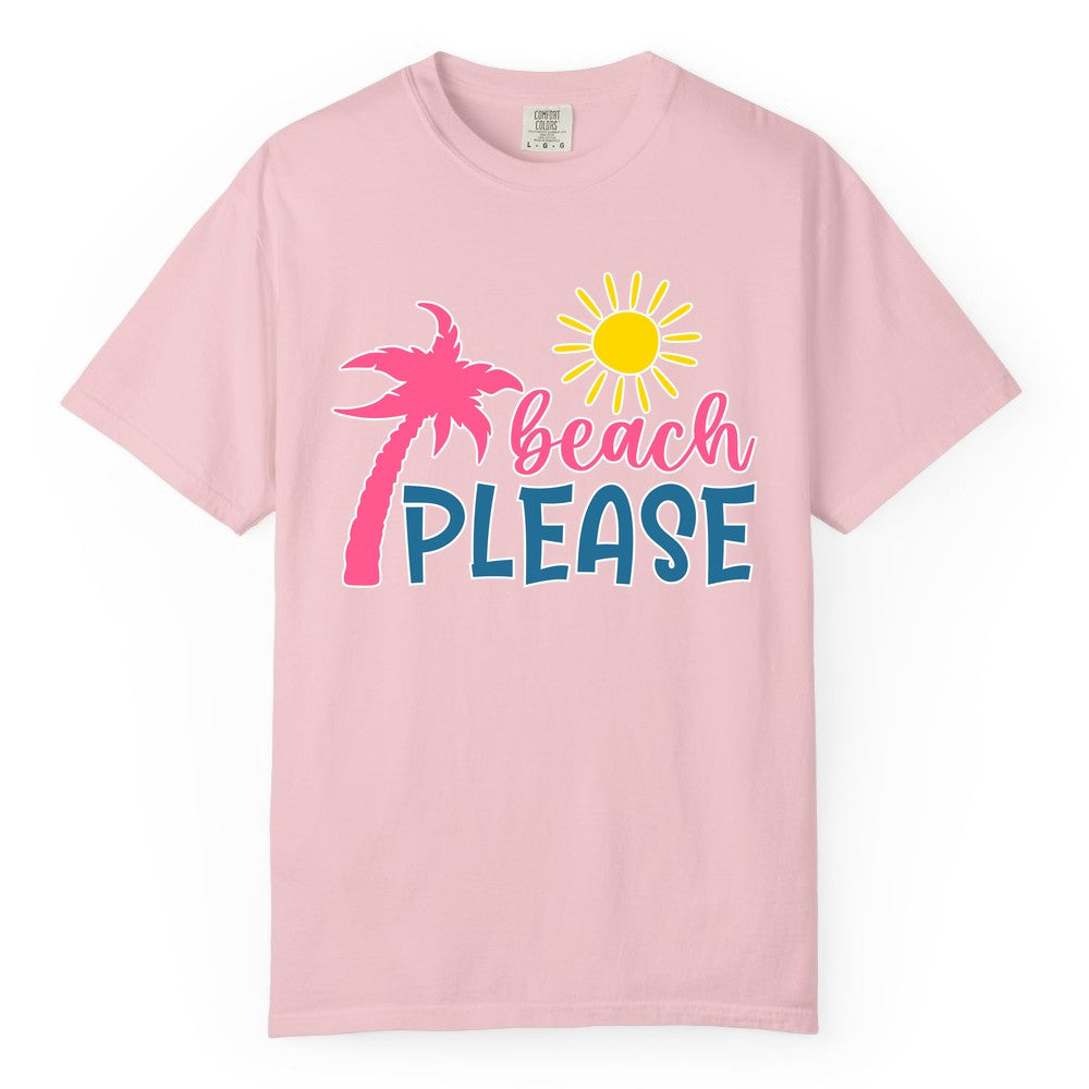 Beach Please Shirt - Funny Tropical Summer Tee with Palm Tree Sun (Comfort Color) in Blossom - Beach Please Shirt - Tropical Palm Tree and Sun Funny Summer Tee