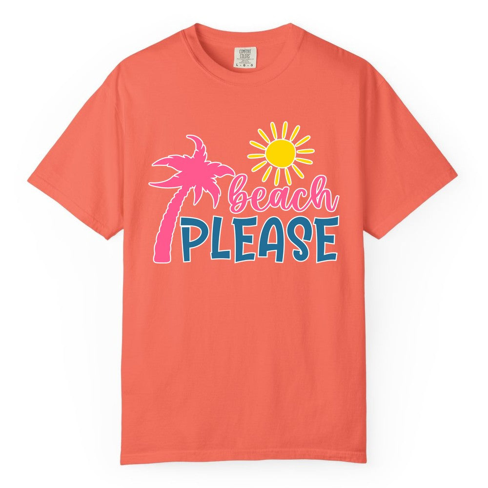 Beach Please Shirt - Funny Tropical Summer Tee with Palm Tree Sun (Comfort Color) in Bright Salmon - Beach Please Shirt - Tropical Palm Tree and Sun Funny Summer Tee