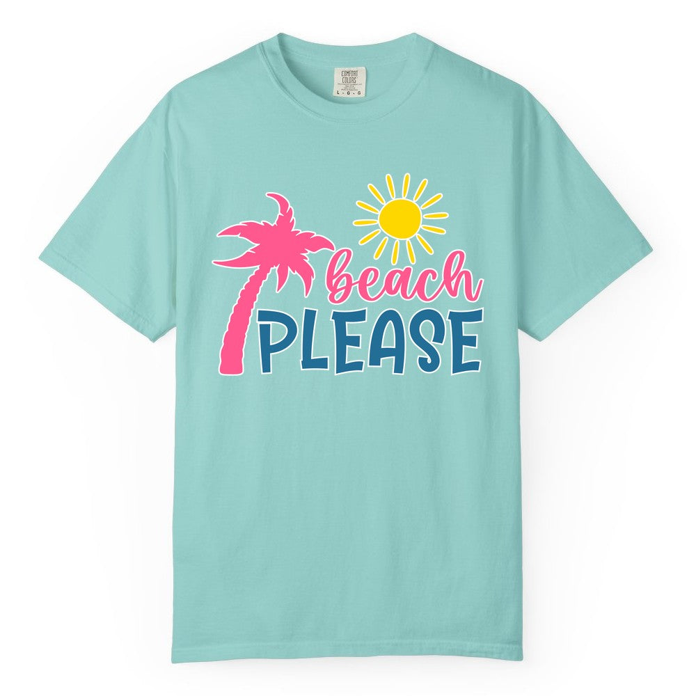 Beach Please Shirt - Funny Tropical Summer Tee with Palm Tree Sun (Comfort Color) in Chalky Mint - Beach Please Shirt - Tropical Palm Tree and Sun Funny Summer Tee