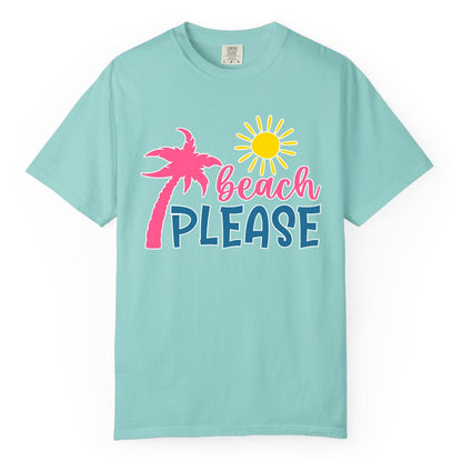 Beach Please Shirt - Funny Tropical Summer Tee with Palm Tree Sun (Comfort Color) in Chalky Mint - Beach Please Shirt - Tropical Palm Tree and Sun Funny Summer Tee