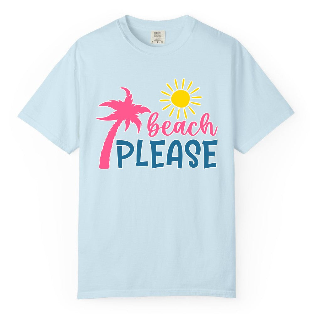 Beach Please Shirt - Funny Tropical Summer Tee with Palm Tree Sun (Comfort Color) in Chambray - Beach Please Shirt - Tropical Palm Tree and Sun Funny Summer Tee