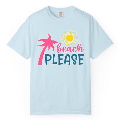 Beach Please Shirt - Funny Tropical Summer Tee with Palm Tree Sun (Comfort Color) in Chambray - Beach Please Shirt - Tropical Palm Tree and Sun Funny Summer Tee