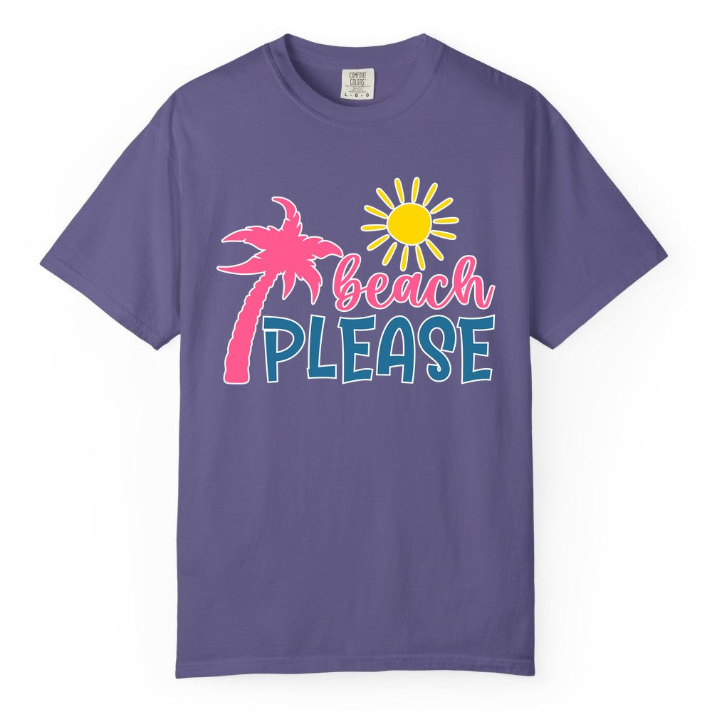 Beach Please Shirt - Funny Tropical Summer Tee with Palm Tree Sun (Comfort Color) in Grape - Beach Please Shirt - Tropical Palm Tree and Sun Funny Summer Tee