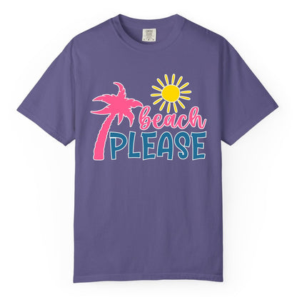 Beach Please Shirt - Funny Tropical Summer Tee with Palm Tree Sun (Comfort Color) in Grape - Beach Please Shirt - Tropical Palm Tree and Sun Funny Summer Tee