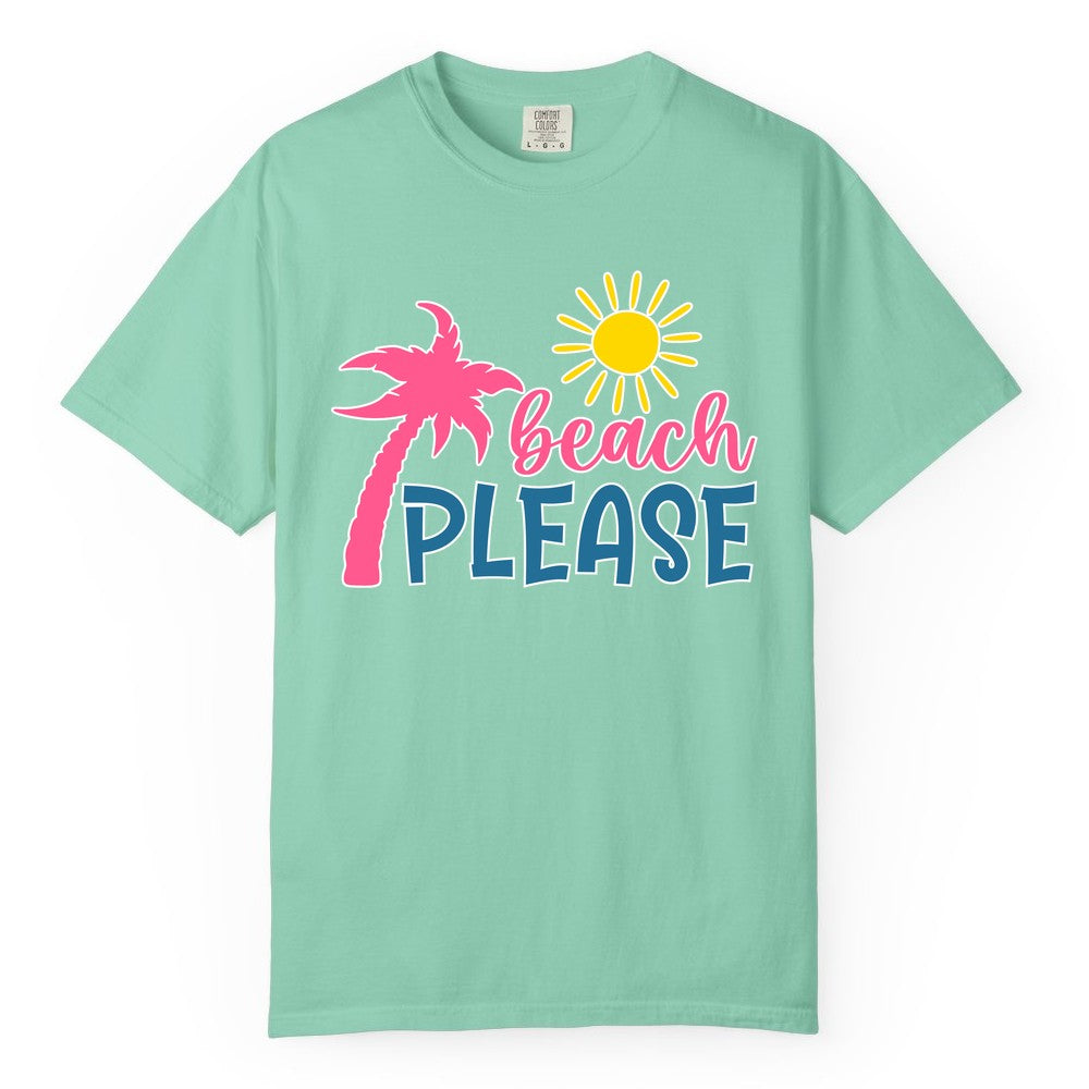 Beach Please Shirt - Funny Tropical Summer Tee with Palm Tree Sun (Comfort Color) in Island Reef - Beach Please Shirt - Tropical Palm Tree and Sun Funny Summer Tee
