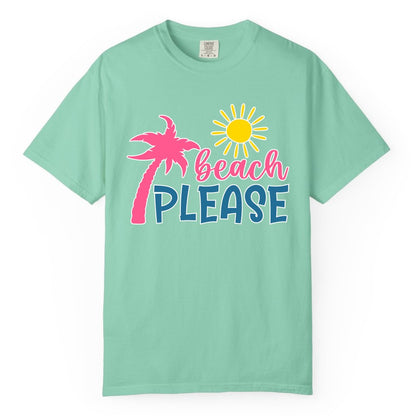 Beach Please Shirt - Funny Tropical Summer Tee with Palm Tree Sun (Comfort Color) in Island Reef - Beach Please Shirt - Tropical Palm Tree and Sun Funny Summer Tee