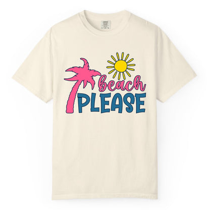 Beach Please Shirt - Funny Tropical Summer Tee with Palm Tree Sun (Comfort Color) in Ivory - Beach Please Shirt - Tropical Palm Tree and Sun Funny Summer Tee