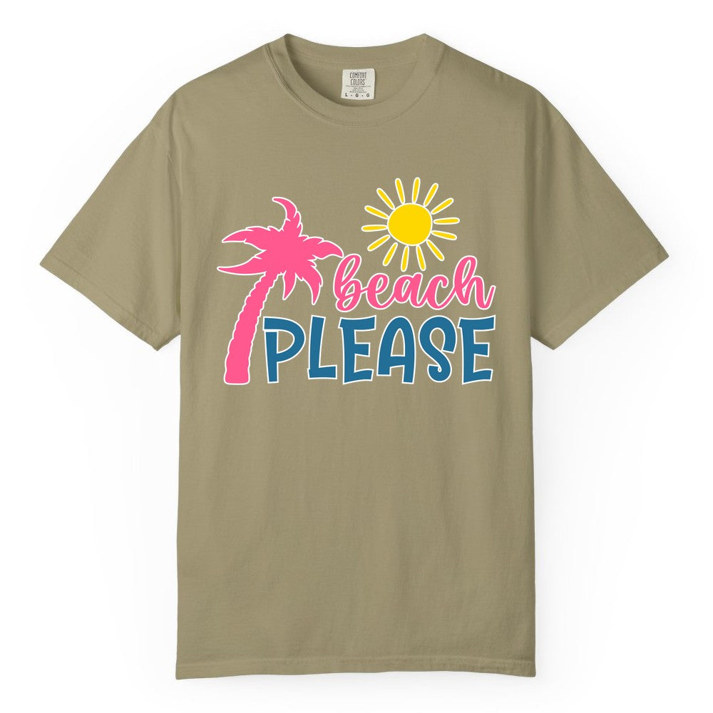Beach Please Shirt - Funny Tropical Summer Tee with Palm Tree Sun (Comfort Color) in Khaki - Beach Please Shirt - Tropical Palm Tree and Sun Funny Summer Tee