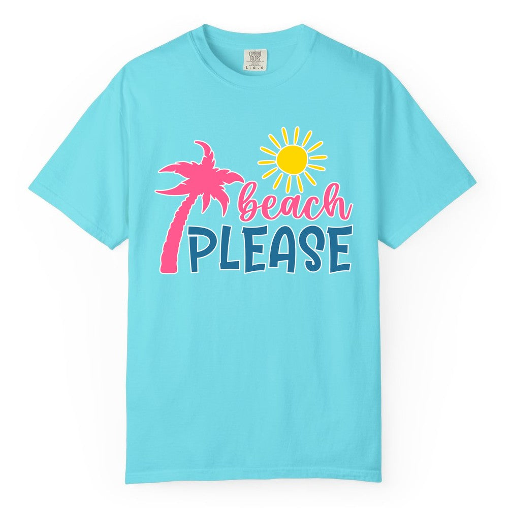 Beach Please Shirt - Funny Tropical Summer Tee with Palm Tree Sun (Comfort Color) in Lagoon Blue - Beach Please Shirt - Tropical Palm Tree and Sun Funny Summer Tee