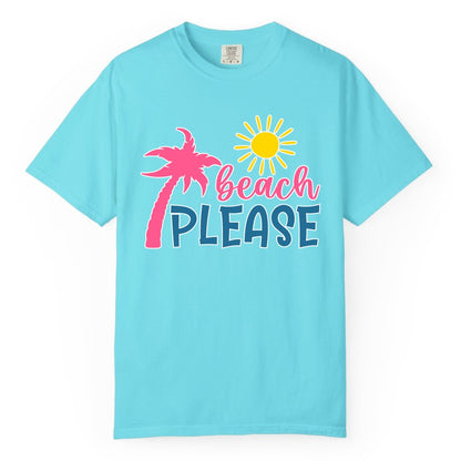 Beach Please Shirt - Funny Tropical Summer Tee with Palm Tree Sun (Comfort Color) in Lagoon Blue - Beach Please Shirt - Tropical Palm Tree and Sun Funny Summer Tee