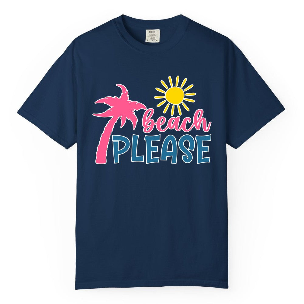 Beach Please Shirt - Funny Tropical Summer Tee with Palm Tree Sun (Comfort Color) in Navy - Beach Please Shirt - Tropical Palm Tree and Sun Funny Summer Tee