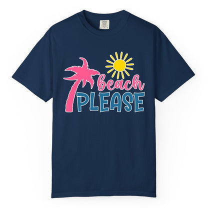 Beach Please Shirt - Funny Tropical Summer Tee with Palm Tree Sun (Comfort Color) in Navy - Beach Please Shirt - Tropical Palm Tree and Sun Funny Summer Tee