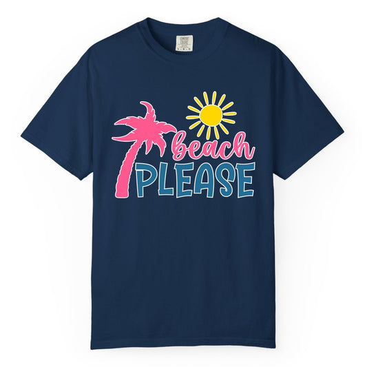 Beach Please Shirt - Funny Tropical Summer Tee with Palm Tree Sun (Comfort Color) in Navy - Beach Please Shirt - Tropical Palm Tree and Sun Funny Summer Tee