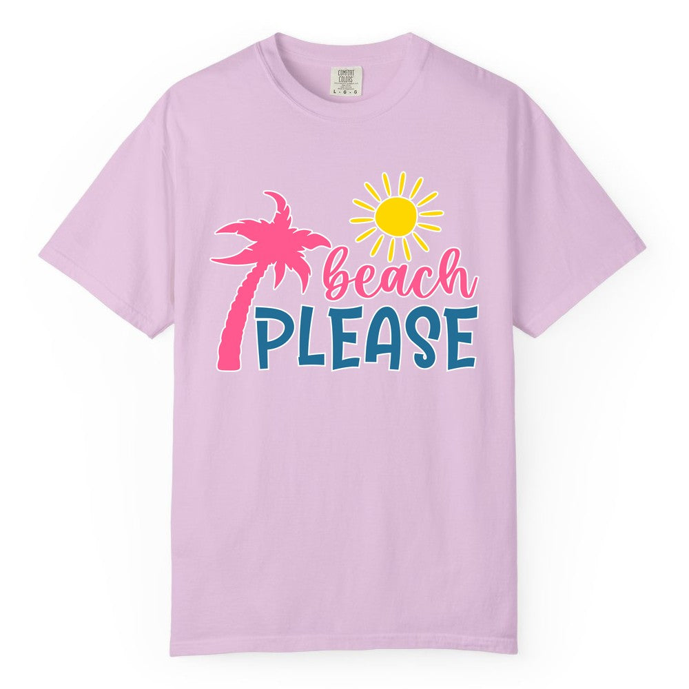 Beach Please Shirt - Funny Tropical Summer Tee with Palm Tree Sun (Comfort Color) in Orchid - Beach Please Shirt - Tropical Palm Tree and Sun Funny Summer Tee