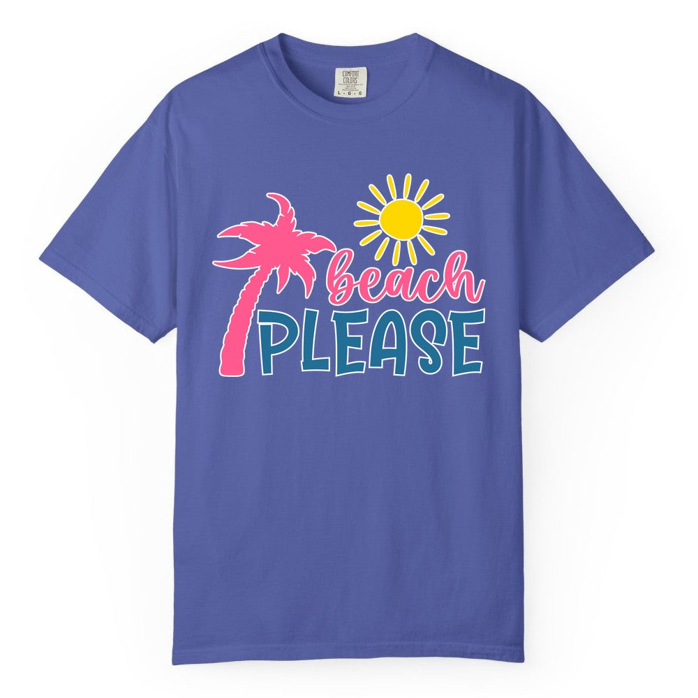Beach Please Shirt - Funny Tropical Summer Tee with Palm Tree Sun (Comfort Color) in Periwinkle - Beach Please Shirt - Tropical Palm Tree and Sun Funny Summer Tee