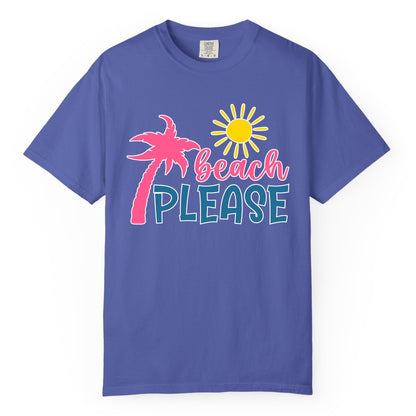 Beach Please Shirt - Funny Tropical Summer Tee with Palm Tree Sun (Comfort Color) in Periwinkle - Beach Please Shirt - Tropical Palm Tree and Sun Funny Summer Tee