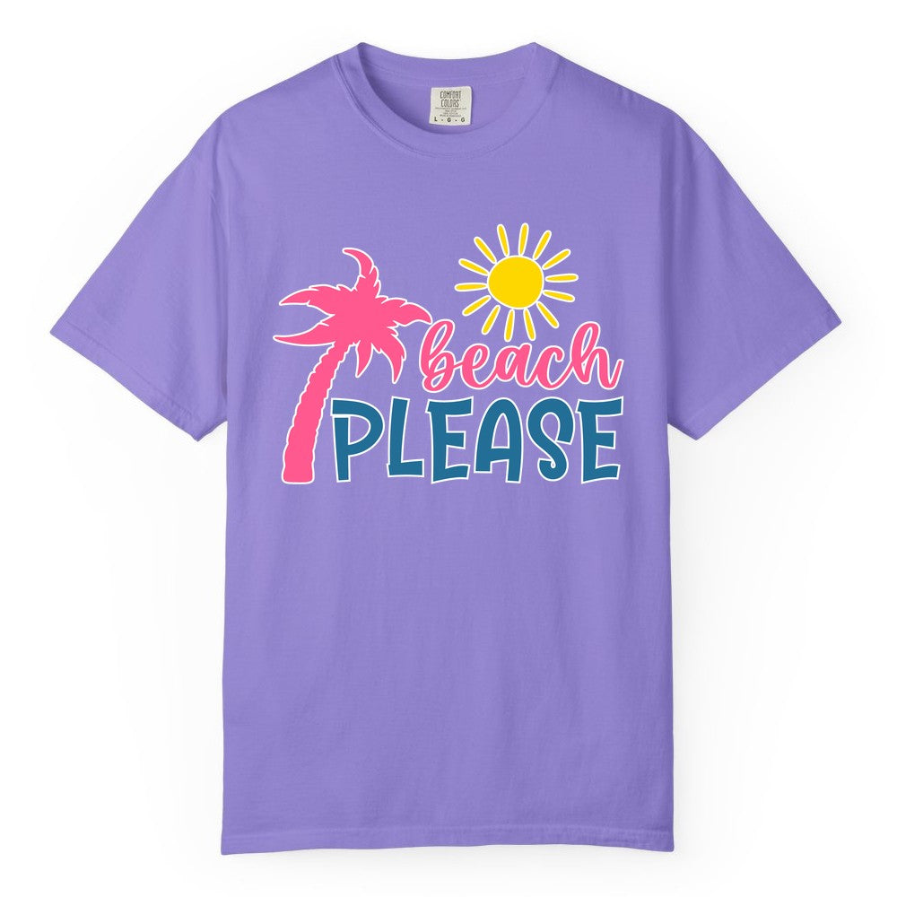 Beach Please Shirt - Funny Tropical Summer Tee with Palm Tree Sun (Comfort Color) in Violet - Beach Please Shirt - Tropical Palm Tree and Sun Funny Summer Tee