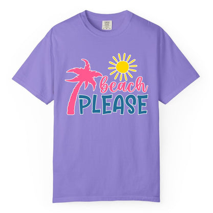 Beach Please Shirt - Funny Tropical Summer Tee with Palm Tree Sun (Comfort Color) in Violet - Beach Please Shirt - Tropical Palm Tree and Sun Funny Summer Tee