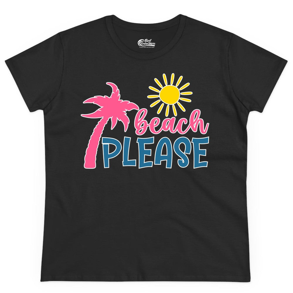 Beach Please Shirt - Funny Tropical Summer Tee with Palm Tree Sun (Ladies Tee) in Black - Beach Please Shirt - Tropical Palm Tree and Sun Funny Summer Tee