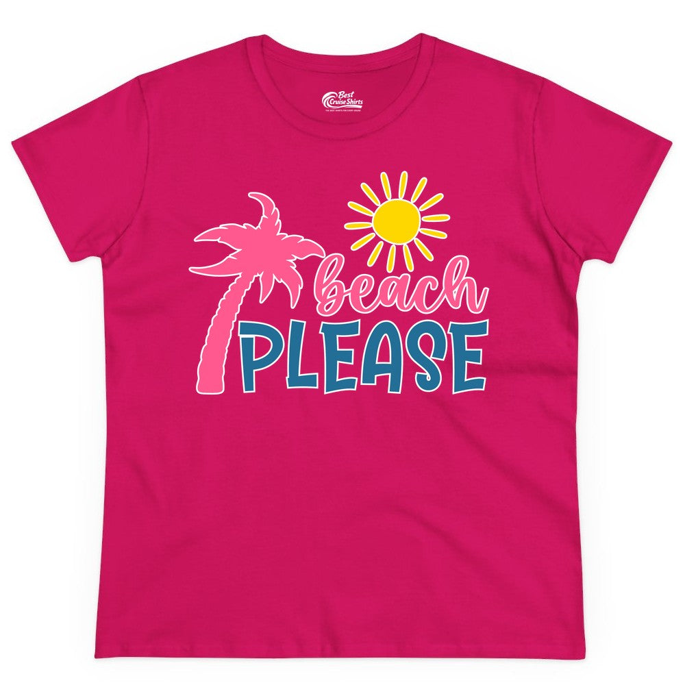 Beach Please Shirt - Funny Tropical Summer Tee with Palm Tree Sun (Ladies Tee) in Heliconia - Beach Please Shirt - Tropical Palm Tree and Sun Funny Summer Tee
