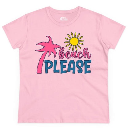 Beach Please Shirt - Funny Tropical Summer Tee with Palm Tree Sun (Ladies Tee) in Light Pink - Beach Please Shirt - Tropical Palm Tree and Sun Funny Summer Tee