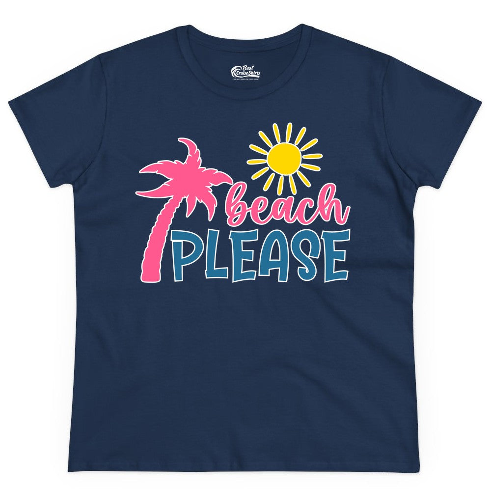 Beach Please Shirt - Funny Tropical Summer Tee with Palm Tree Sun (Ladies Tee) in Navy - Beach Please Shirt - Tropical Palm Tree and Sun Funny Summer Tee