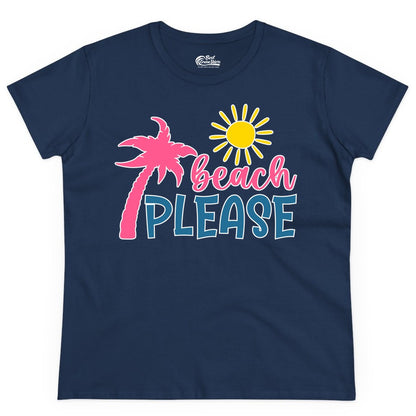 Beach Please Shirt - Funny Tropical Summer Tee with Palm Tree Sun (Ladies Tee) in Navy - Beach Please Shirt - Tropical Palm Tree and Sun Funny Summer Tee